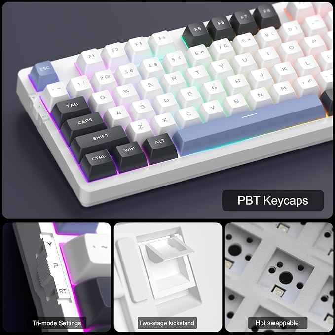 MageGee 87 Keys Wireless Creamy Keyboard, Gasket Tri-Mode 2.4G/USB-C/BT Gaming Keyboard, RGB Backlit Hot Swappable Mechanical Keyboard for Win/Mac/PC, 8000mAh Battery