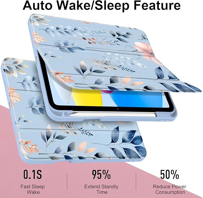 Case for iPad Air 13 inch 2026 M4 2025 M3 2024 M2 Release Slim Lightweight Shockproof Cute Blue Cover with Clear Back TPU Edge Pencil Holder Trifold Stand Auto Wake Sleep, Hand-Drawn Leaves