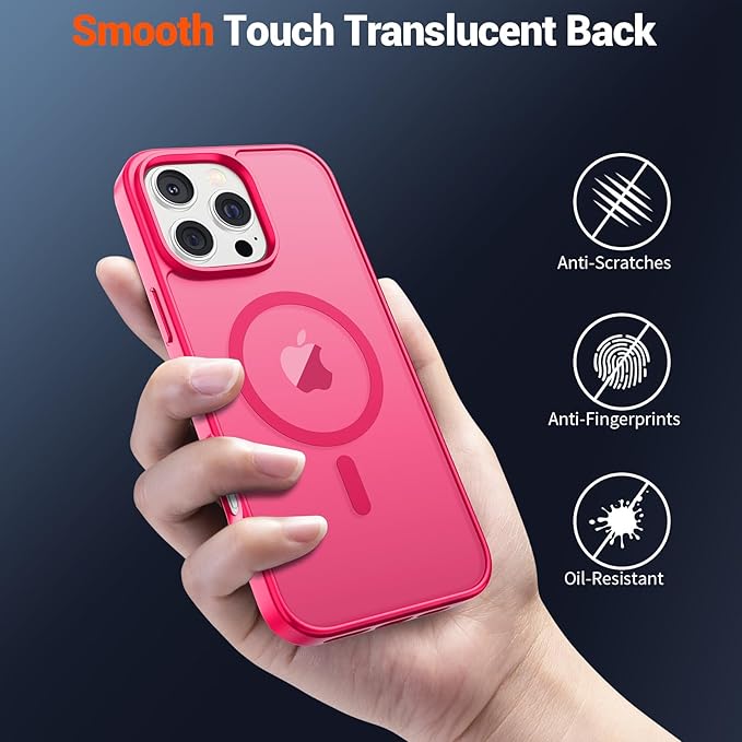 SUPFINE Magnetic for iPhone 16 Pro Max Case (Compatible with MagSafe) (Military Grade Drop Protection) Slim Translucent Matte Shockproof with Anti-Fingerprint Phone Case, Hot Pink