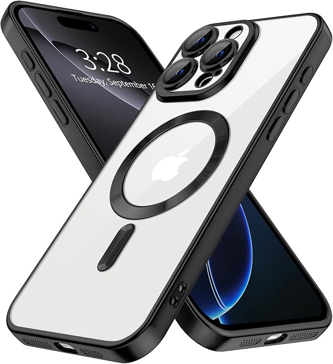 Hython Magnetic Clear for iPhone 16 Pro Max Case with Camera Lens Protector [Compatible with MagSafe] Plating Edge Slim Soft TPU Cover Protective Phone Case for iPhone 16 Pro Max 6.9", Matte Black
