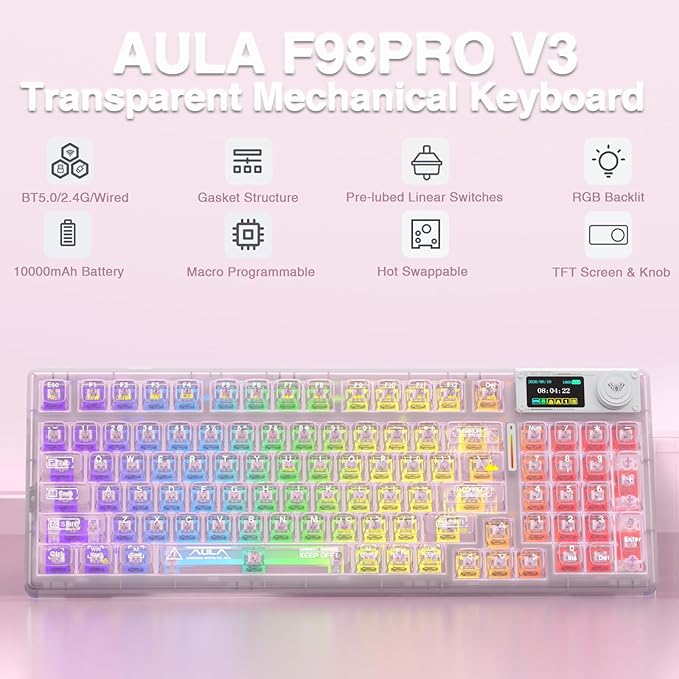AULA F98 Pro V3 Wireless Mechanical Keyboard with Transparent Keycaps,Hot-swappable,Pre-lubed Linear Switches,Gasket Structure,RGB Backlit,TFT Screen,BT5.0/2.4G/USB-C Wired Computer Keyboard