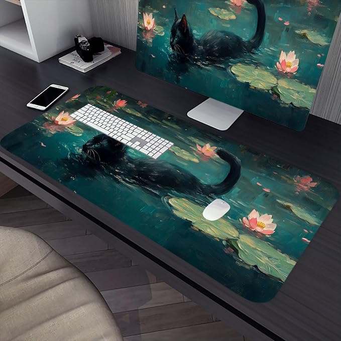 Black Cat Gaming Mouse Pad Cute Animal Green Lotus Leaves Mousepad XL Large Gaming Mouse Pad Laptop Keyboard Mat Desk Pad 31.5"x11.8" Office Computer Keyboard Laptop Home