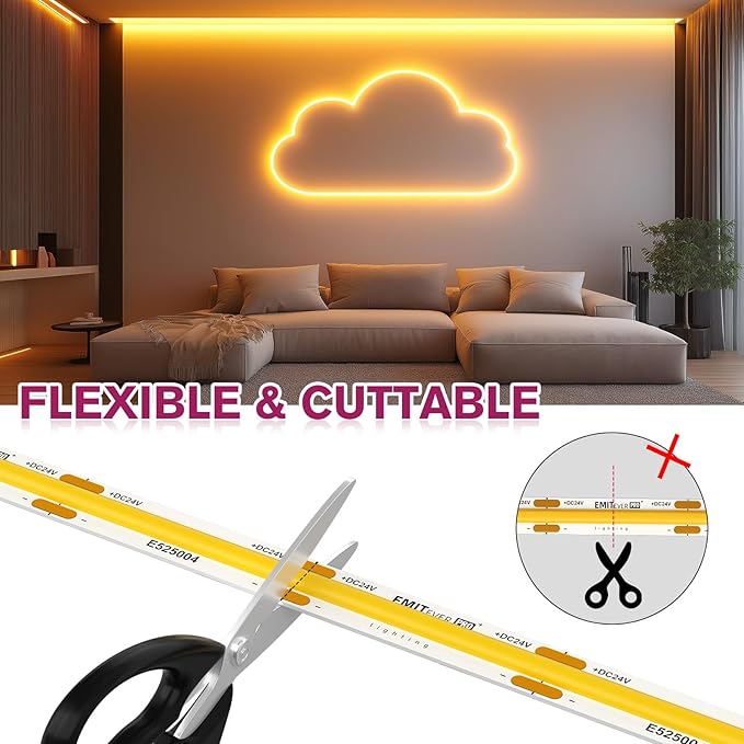 EMITEVER COB LED Strip Lights Warm White, 2700K Tape Light Premium High Density, DC 24V, 360+Lumens/ft, 2560LEDs/Spool, Ra 90+, 16.4ft/5m, UL Listed 5 Year After-Service (Power Supply Sold Separately)