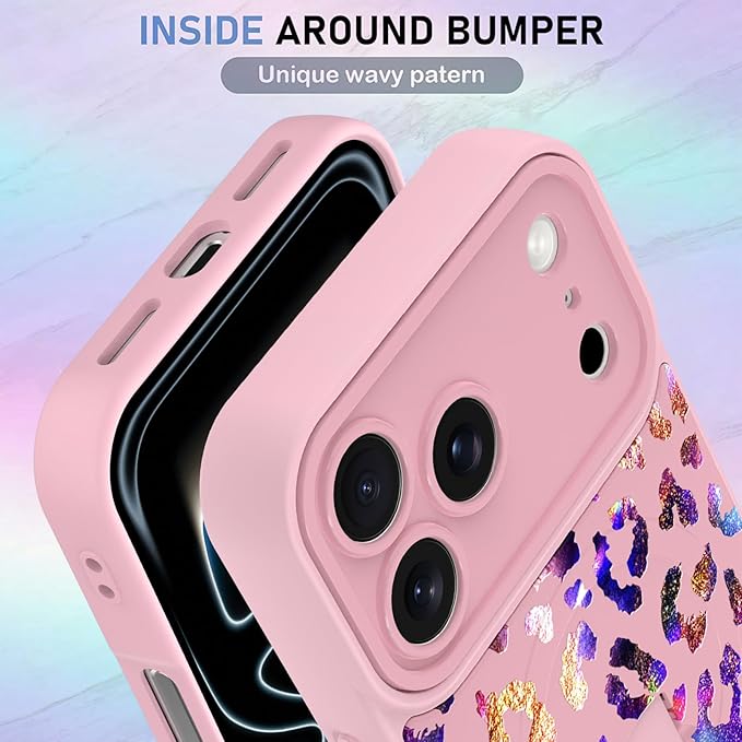 KANGHAR Compatible with iPhone 17 Pro Case, Support for MagSafe, Silicone Cute Iridescent Leopard Cheetah Pattern, Wristband Kickstand Shockproof Protective Slim Cover for Women Girls, Pink