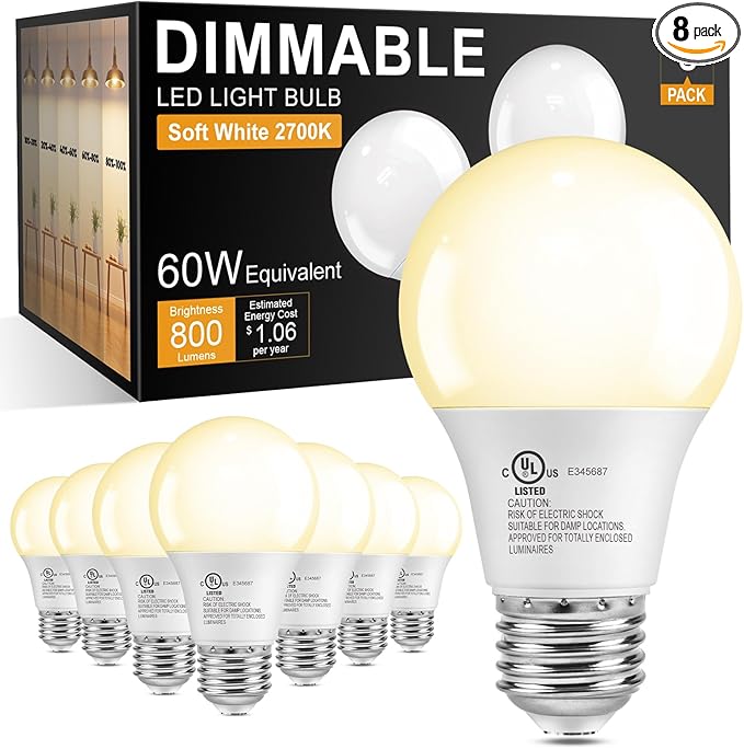 TJOY 8 Pack A19 Dimmable LED Light Bulbs, E26 Led Bulbs 60 Watt Equivalent, Warm Soft White 2700K, 800 Lumens Standard Base, Energy Saving Lightbulbs, Efficient 9W, 120V, 15,000 Hour Lifetime