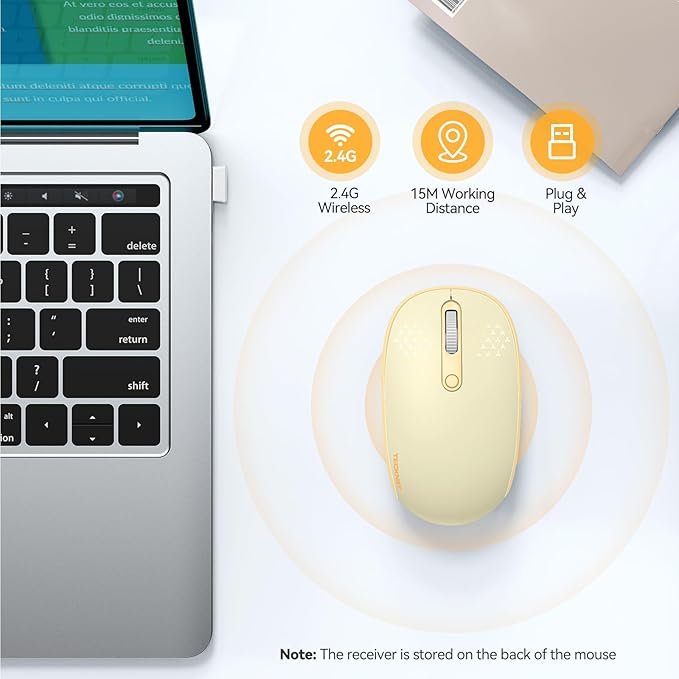 TECKNET Wireless Mouse, 2.4G Quiet Computer Mouse with USB Receiver, 4 Buttons Portable Cordless Mice for Chromebook, Laptop, PC, Mac, 800/1200/1600 DPI - Yellow