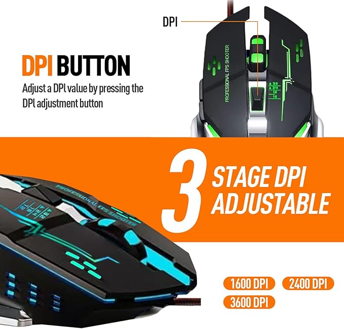 Guiheng Wired Gaming Mouse, Optical USB Mice for Laptop/Desktop, 1200 to 3600 and RGB Light, Ergonomic with 6 Programmable Buttons for Computer Windows 7/8/10/XP Vista Linux Chromebook PC (Black)