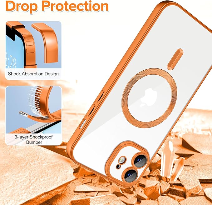Hython Magnetic Clear for iPhone 11 Case with Camera Lens Protector [Compatible with MagSafe] Luxury Plating Edge Slim Soft TPU Cover Protective Phone Case for iPhone 11 6.1", Matte Orange