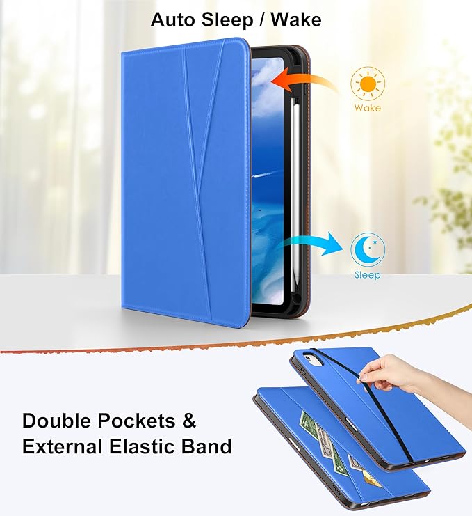 DTTO for iPad Air 11 inch Case M4 / M3 / M2 (2026/2025/2024), iPad Air 5th / 4th Gen (2022/2020), 360 Degree Rotating Premium Leather Folio Stand Cover with Pencil Holder, Royal Blue