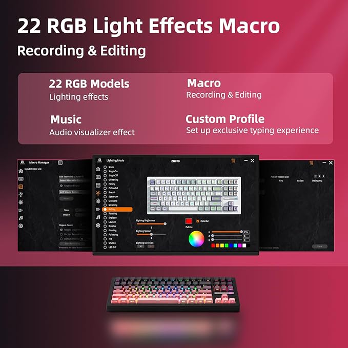 ZORNHER ZH870 Wireless Mechanical Gaming Keyboard,80% Pink & Purple Custom Creamy Sound Keyboard with Shine Through PBT Keycaps,Pre-lubed Linear Switches,Hot-Swappable,RGB Backlit,2.4GHz/USB-C/BT5.0