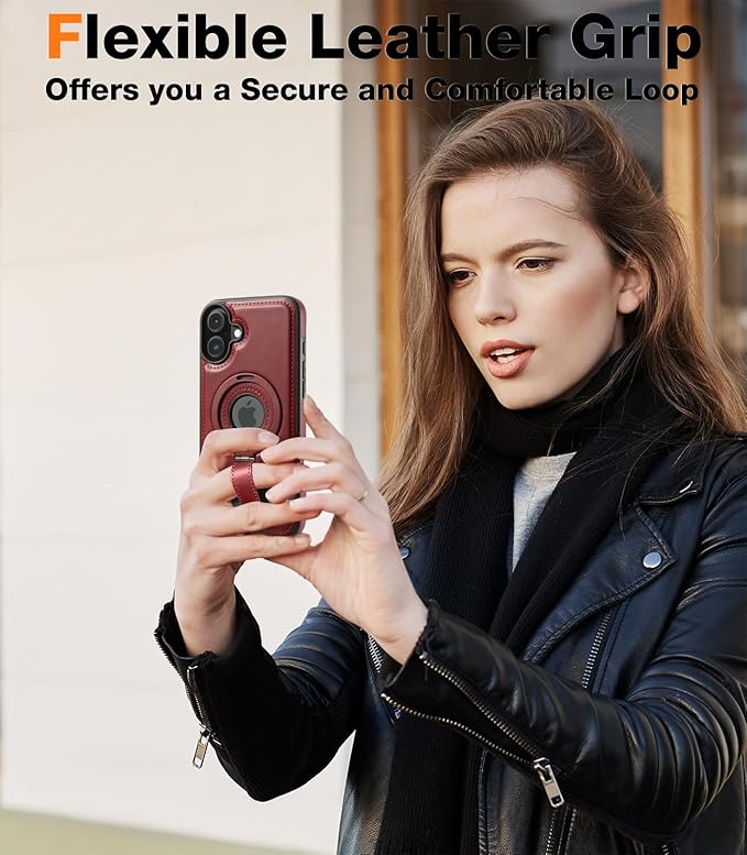 Butaiga for iPhone 16 Leather Case with Stand, Anti-Slip Grip Ring, Fits for MagSafe (Burgundy, iPhone 16)
