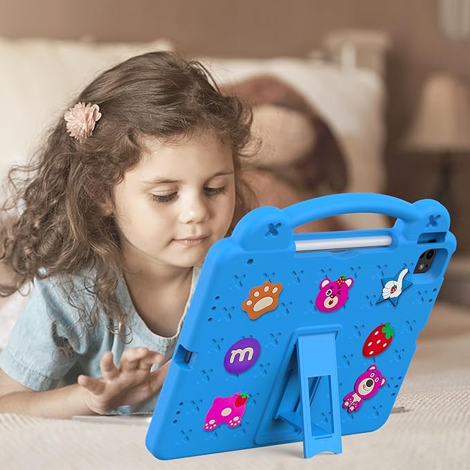 Cute Kids Case for Apple iPad Air 13" M4 M3 M2 2026 2025 2024/ iPad Pro 13 2025 2024/ Pro 12.9 2022/2021/2020/2018, DIY Figures Kickstand EVA Handle Case with Shoulder Strap Shockproof Cover,SkyBlue