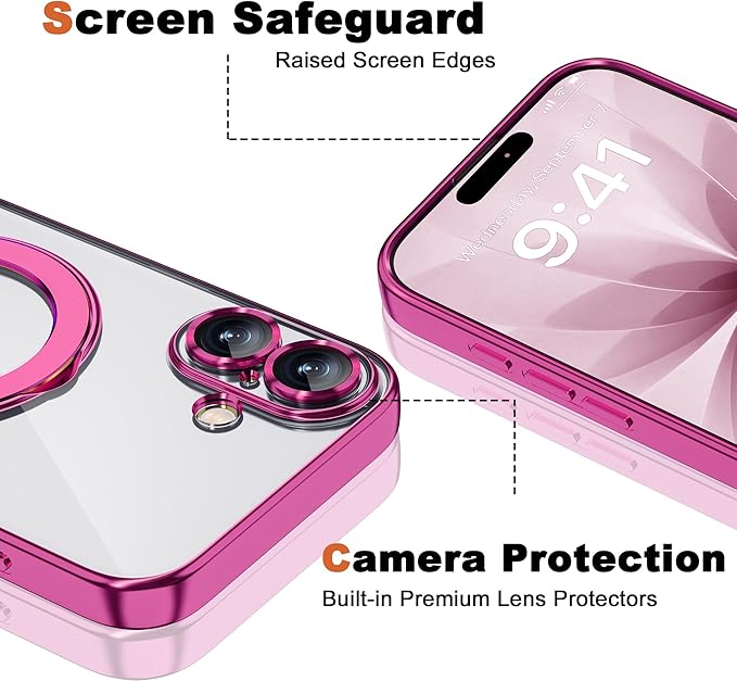 Compatible with iPhone 17 Case with Invisible Magnetic Ring Stand [Compatible with Mag-Safe] [Full Camera Lens Protector] Plating Clear Phone Case for iPhone 17 6.3", Rose