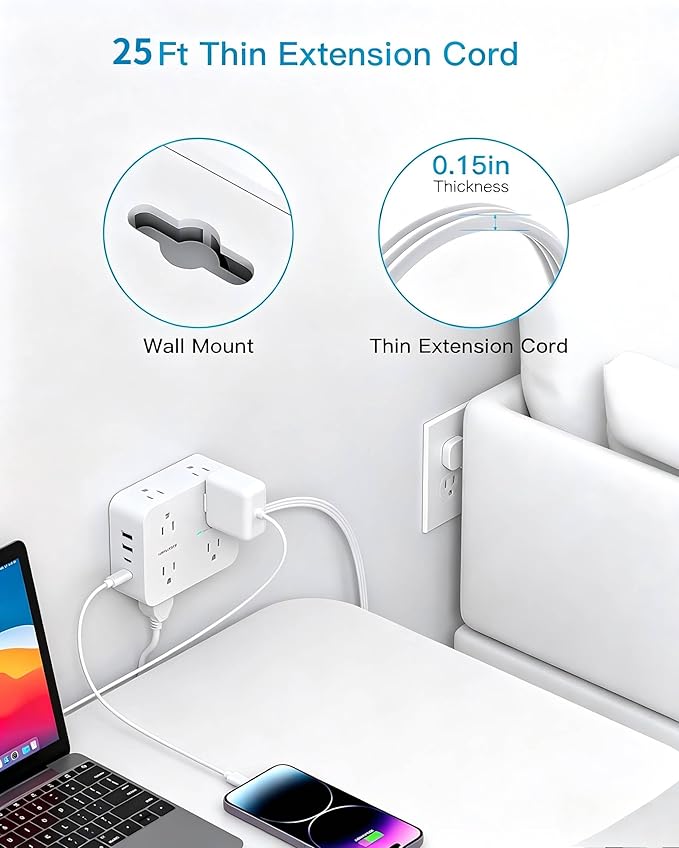 HANYCONY 25 Ft Extra Long Extension Cord with Ultra-Thin Flat Plug, 8 Widely Spaced Outlets & 4 USB Ports (2 USB C), 1080J Surge Protector Power Strip for Home, Office, Workshop, Wall Mount Design