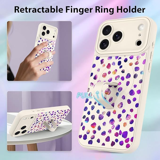 KANGHAR Compatible with iPhone 17 Pro Case, Support for MagSafe, Silicone Cute Iridescent Pattern Leopard Print Cheetah, Wristband Kickstand Shockproof Soft Slim Cover for Girls Women, White