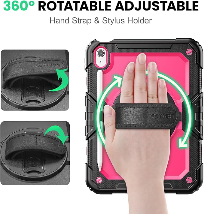 SEYMAC Case for iPad (A16) 11th/10th Generation 2025/2022 (11″/10.9″), Sturdy Heavy Duty Full-Body Shockproof Protective Case with Screen Protector, Rotating Stand, Hand/Shoulder Strap, Pink