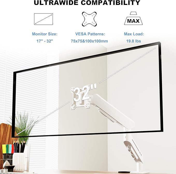 THEARK Single Monitor Desk Mount 17"-32" Screens - Adjustable Gas Spring Monitor Arm Computer Monitor Stand up to 19.8 lbs,VESA Arm Desk Mount with C-Clamp and Grommet Base,VESA 75x75/100x100mm,White