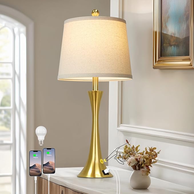 Rinweey 27.5" Gold Lamps for Living Room, Touch Control 3-Way Dimmable Bedside Nightstand Lamps Bedroom Lamp,Modern Gold Table Lamp with USB A+C Ports,Tall Lamps for Living Room End Table（1Pack）