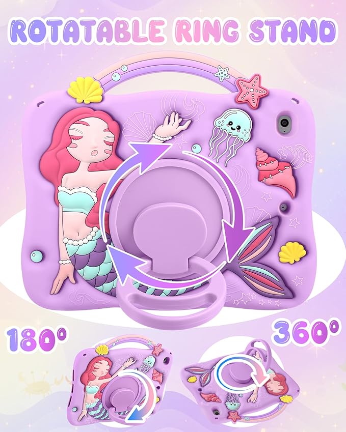 Boaretiu for iPad mini 4 Case/Mini 5th Generation Case - Cute Cartoon Mermaids Girls Teens Soft 3D Silicone for iPad 7.9 Inch Tablet Cover with Strap & Rotating Stand