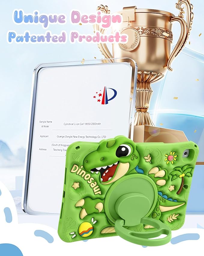 Boaretiu for iPad 6th/5th Gen Case, for iPad Air 2nd/Air 1st/Pro 9.7 inch 2016 Case - Cute Cartoon Silicone Cover with Adjustable Shoulder Strap & Rotating Stand for Kids Boys Girls, Green Dinosaur