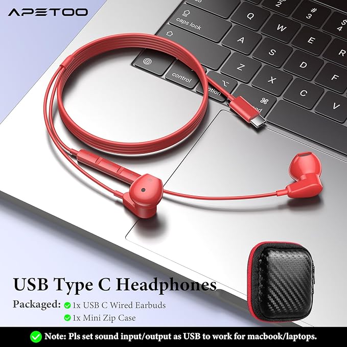 APETOO USB C Headphones for iPad Pro iPhone 17/Air/16e/15/16 Pro Max Plus, HiFi Stereo USB-C Wired Earbuds with Microphone Volume Control Type C Earphones for Samsung S25 S26 S24/S23/S22/S21/S20, Red