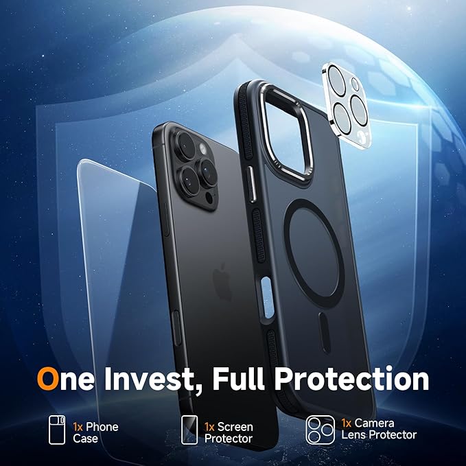 Magnetic 3 in 1 for iPhone 16 Pro Max Case, [Omni-Directional Protection] with 1x Screen Protector + 1x Camera Cover, [Seamless Work with Magsafe] Protective Silm Case for iPhone 16 Pro Max Black