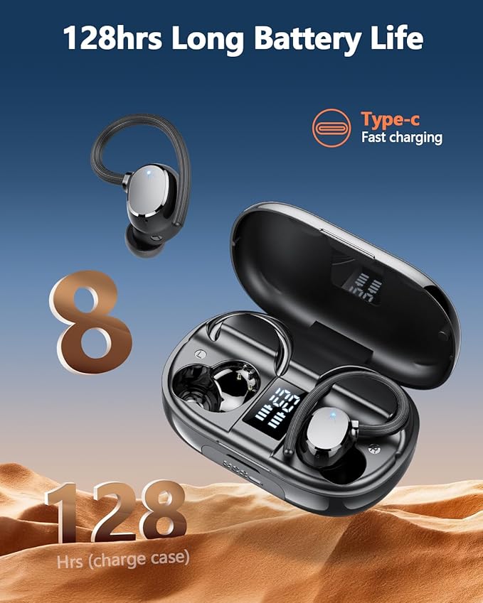 Ear Buds Wireless Bluetooth Earbuds Sport 2026 New Bluetooth 5.3 Headphones with LED Display 128H Playtime Powerful Bass Over Ear Earphones with Earhooks IP7 Waterproof for Gym/Running/Workout