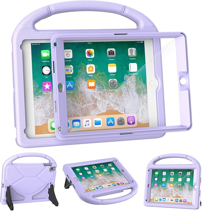 YIHE Shockproof Kids Case for iPad 6th/5th Generation (9.7 inch, 2018/2017), iPad Air 2/1 & Pro 9.7 | Durable Protective Cover with Built-in Screen Protector & Stable Stand, Light Purple