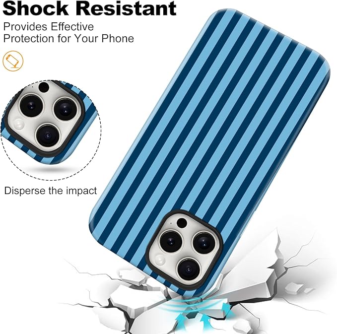 Magnetic for iPhone 14 Pro Case Cute Stripes Phone Case, Shockproof Slim TPU and Hard PC Protective Phone Cover Compatible with MagSafe Designed for Women Girls, Lake Blue