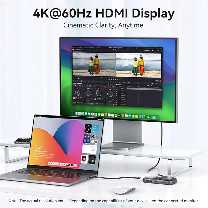 MOKiN USB C Hub 15W Wireless Charger, Qi2 Certified Magsafe Charging Stand with 4K@60Hz HDMI, 100W PD, 10Gbps USB C/A, and 5W Charging Pad, Laptop Docking Station for MacBook/Windows