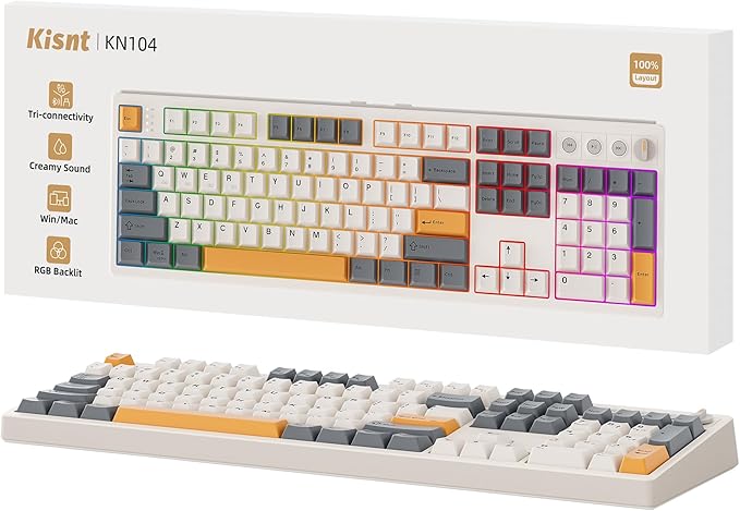 Kisnt KN104 Wireless Mechanical Gaming Keyboard, 100% Full Size 104 Keys with Number Pad, Custom RGB Backlit, Creamy Sound, Hot Swappable, Bluetooth/2.4GHz/USB-C for Win/Mac/PC (Retro Beige)