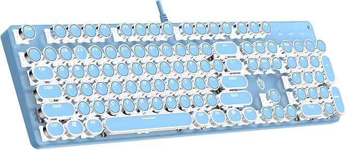 Typewriter Mechanical Gaming Keyboard with RGB Backlit Red Switches, 104 Keys Retro Round Keycap, Wired Typewriter Style Comfortable Typing Soud (Blue)