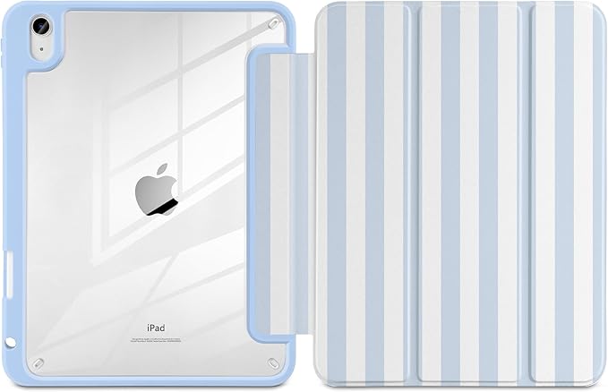 Case for iPad Air 13 inch M4 2026 M3 2025 M2 2024 with Pencil Holder - Cute Preppy Coastal Design Aesthetic Blue White Striped Trifold Cover with Soft TPU Bumper, Clear Back, Auto Sleep/Wake