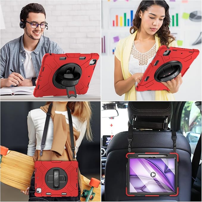 Case for iPad Air 13 Inch M4/M3/M2 (2026/2025/2024): Silicone Shockproof Case with Screen Protector - Stand - Handle - Shoulder Strap - Pen Holder- Red