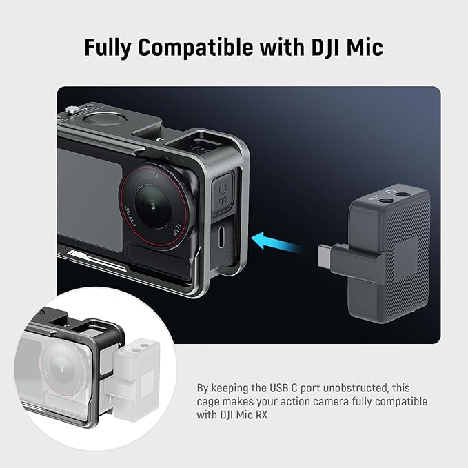 NEEWER AC014 Action 5 Pro Cage Video Rig with Cold Shoe, 1/4" Thread, Shutter Button, Cleaning Cloth Compatible with DJI Osmo Action 5 Pro / 4/3 DJI Mic Magnetic Adapter Mount, Dark Gray