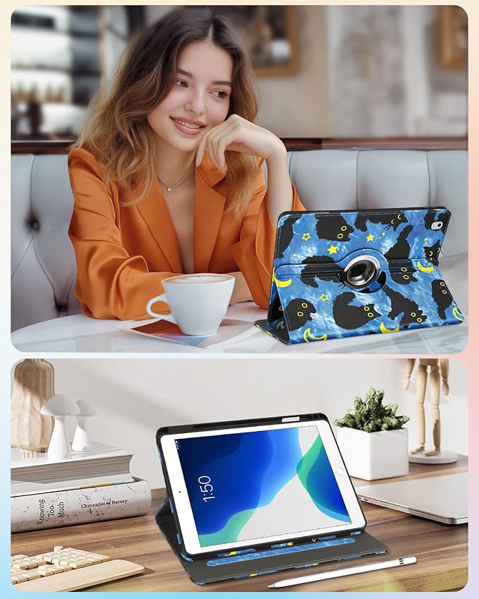Kidcube for iPad Air 3rd Generation Case/Pro 10.5 Inch Case - Women Girls Cute Rotating Stand Folio Cover with Pencil Holder & Card Slot Girly Cat Stars Blue Design Cover for iPad Pro 10.5''/Air 3rd