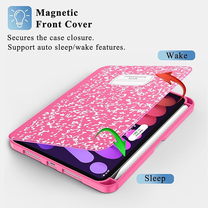Supveco Case for iPad mini 7 (A17 Pro) 2024/iPad Mini 6 2021 8.3 Inch with Pencil Holder-[Auto Wake/Sleep],Slim Protective Case with Soft TPU Back Cover for iPad mini 7th/6th Generation-HotPink