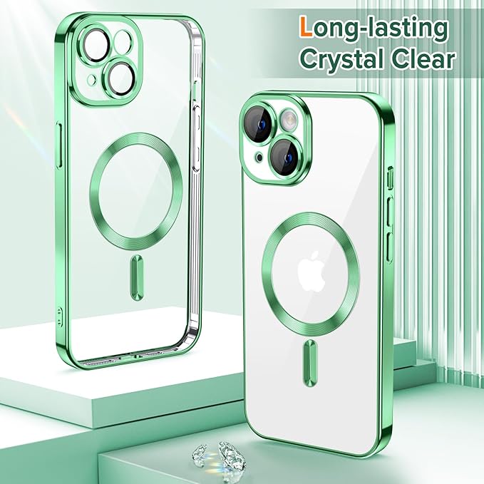 Hython Magnetic Clear for iPhone 14 Case with Camera Lens Protector [Compatible with MagSafe] Luxury Plating Edge Slim Soft TPU Cover Protective Phone Case for iPhone 14 6.1", Light Green