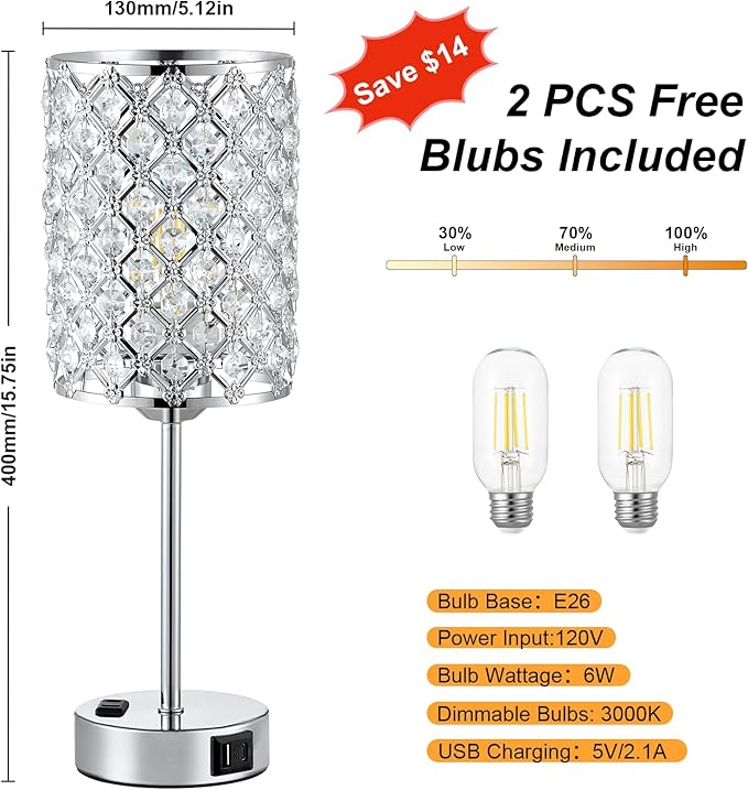 Table Lamps for Bedroom Set of 2-Crystal Table Lamp with USB C+A Ports & AC Outlet Sliver Nightstand Touch Lamp with 3-Way Dimmable Bedside Side Desk Lamp for Living/Bedroom (LED Bulb Included)