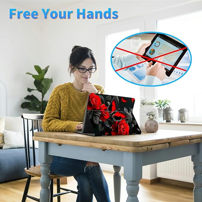 for Amazon Kindle Fire HD 10 & 10 Plus (13th/11th Generation, 2023/2021 Release) 10.1" Tablet Case, Slim Kickstand Stand Leather Smart Cover with Auto Wake/Sleep, Red Rose Butterfly