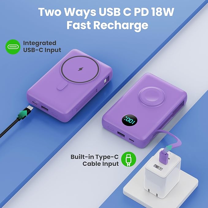 Magnetic Portable Charger for MagSafe with Built-in Cable,iWatch Charger,10800mAh Wireless Power Bank Travel Essentials,25W PD Fast Charging Battery Pack for iPhone 17/16/15/14/13,Apple Watch-Purple