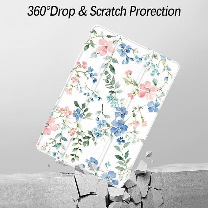 Case for iPad 9th / 8th / 7th Generation (2021/2020/2019) 10.2 inch, Case with Pencil Holder, Stand Clear Back Cover Cute Cool Design for Women Girls, Auto Sleep/Wake, Blue Pink Flower
