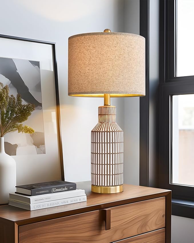 USumkky 25" Table Lamps Set of 2, Modern Ceramic Bedside Lamps - Farmhouse Brown Nightstand Lamps for Bedroom, Boho Living Room End Table & Office Desk Decor