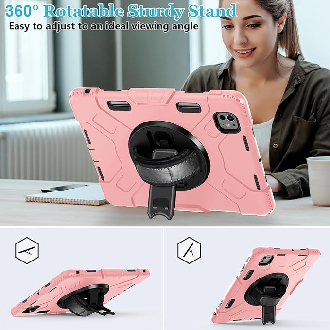 Case for iPad Pro 11 M5 2025/ M4 2024: Protective Cover for iPad Pro 11 Inch 5th Generation with Screen Protector- Stand- Handle- Shoulder Strap- Pencil Holder-Black+Rose Gold