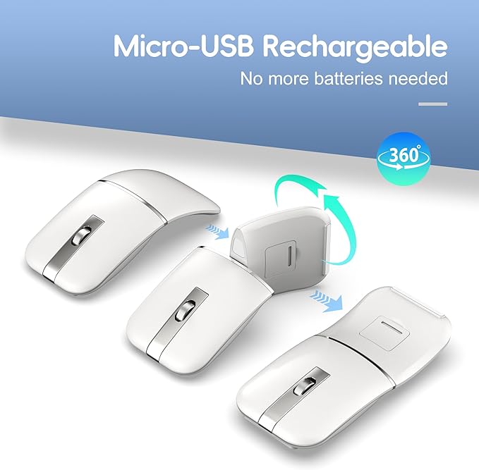 Foldable Bluetooth Travel Mouse,Wireless Portable 2.4G Arc Mice,Multi-Device (Bluetooth+2.4G),360° Rotating Rechargeable Flat Mice for Desktop PC Laptops Tablets-White
