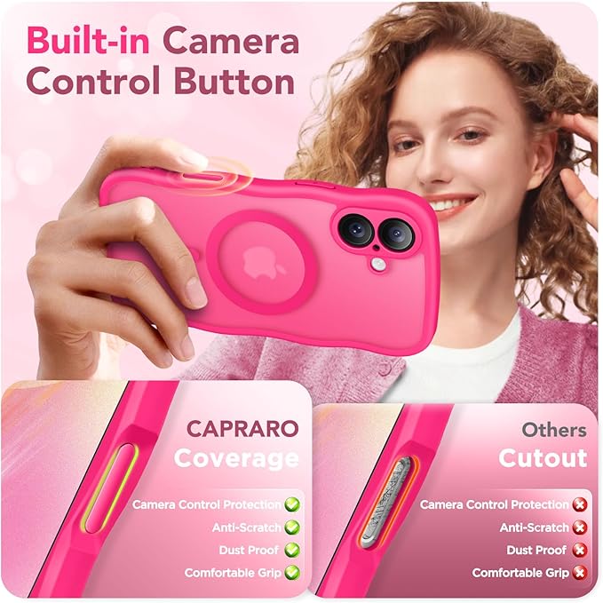 CAPRARO for iPhone 16 Plus Case for Women Girls, Upgraded [Full Camera Protection] [Compatible with MagSafe] Cute Wave Translucent Matte Phone Case for iPhone 16 Plus, Hot Pink