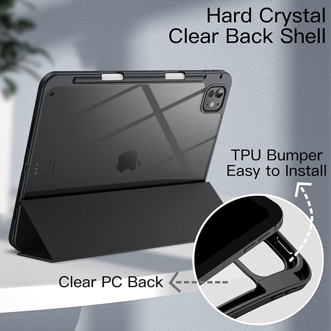 JETech Case for iPad Pro 11-Inch M5/M4 2025/2024 (6th/5th Generation) with Pencil Holder, Clear Transparent Back Shell Slim Stand Shockproof Tablet Cover, Auto Wake/Sleep (Black)