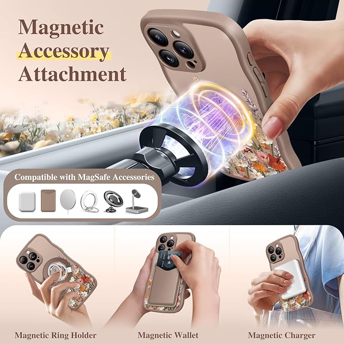 GVIEWIN for iPhone 15 Pro Case Compatible with MagSafe [Curly Wave Edge][Full Camera Protection] Floral Translucent Shockproof Magnetic Women Phone Case for iPhone 15 Pro 6.1'', Primrose/Brown