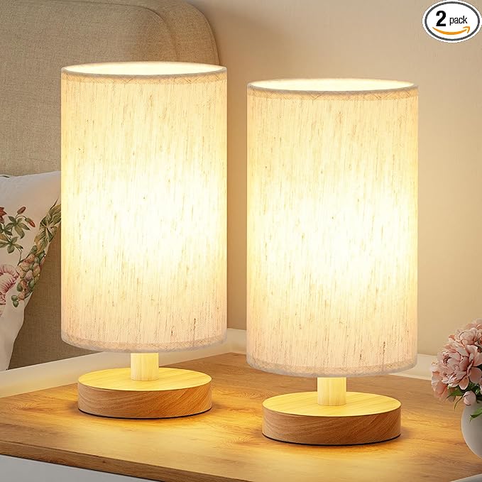 Fenmzee Small Lamps Set of 2 - Inline Control, Bedside Table Lamp for Bedroom with 3000K A15 LED Blub, Easy Assembly (Cream Shade - Wood Base Set of 2, 9" Inline Control)