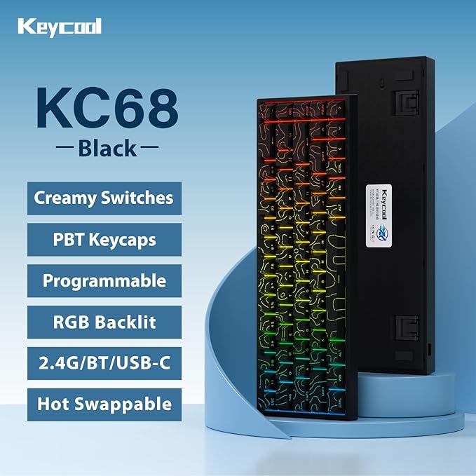 Creamy Mechanical Gaming Keyboard 60% Percent, Wireless 2.4G/Bluetooth 5.0/Wired USB-C, 68-Key NKRO Hot Swappable, Topographic PBT Keycaps, RGB LED Backlit, Programmable for Win/Mac, Black